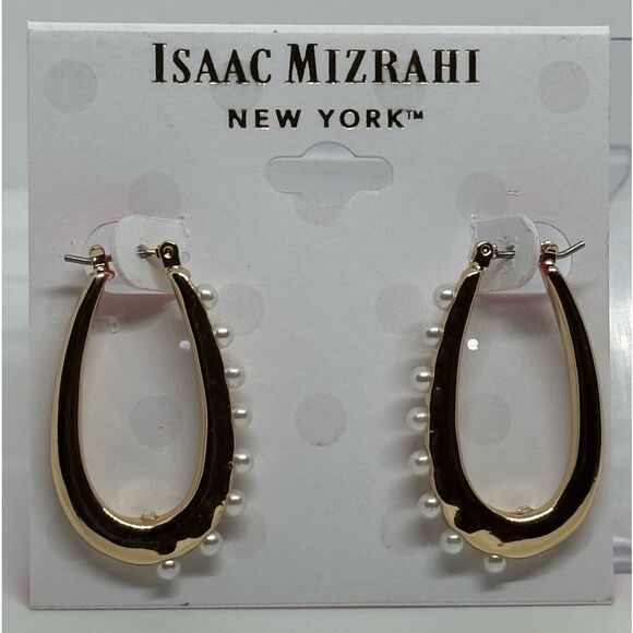ISAAC MIZRAHI Gold Tone Pearl Oval Hoop - Picture 2 of 7